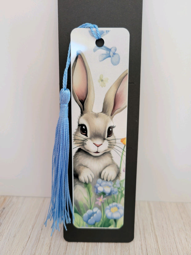 Easter Bunny Spring Sitting Bunny & Flowers Bookmark with tassel colorful
