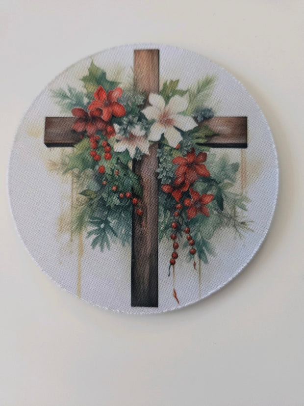 CROSS with flowers greenery Religious Coaster Colorful multi color Coffee Cup Holder 4"  Round or Square beverage mug drink coaster