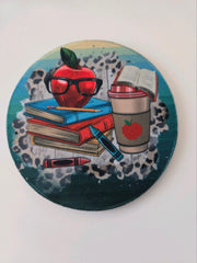 TEACHER Coaster Colorful multi color apple coffee books crayons Coffee Cup Holder 4"  Round or Square beverage mug drink coaster