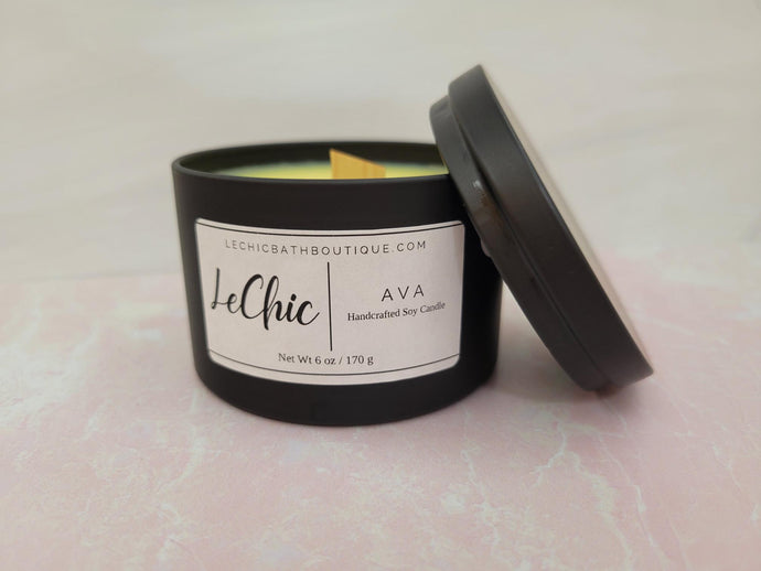 Candle ~ AVA scented  black tin home decor candle wood wick