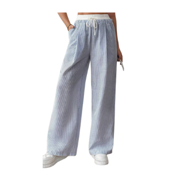 Pants BLUE WHITE STRIPE Leisure high waisted elastic long  Frenchy Women's Drawstring Waist Striped Casual Trousers With Straight Cut, Pleats, And Pockets Back To School Clothes Fall Clothes Women Pants Striped Linen Trousers