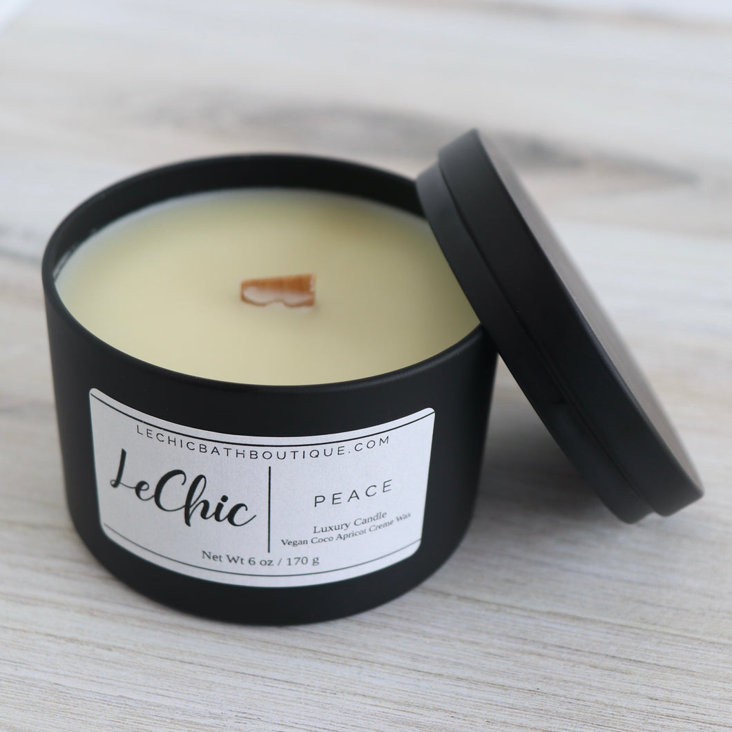 Candle ~ Peace Black Tin Candle coco apricot creme wax