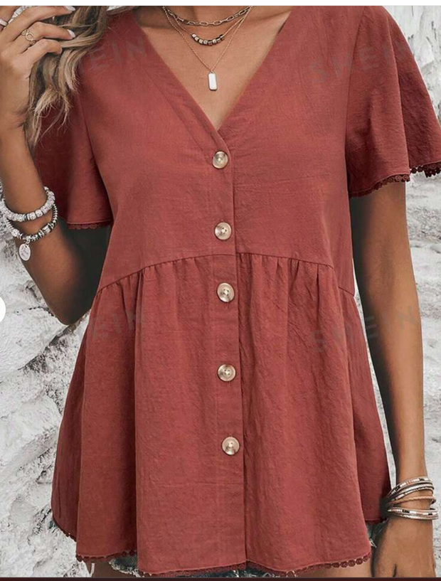 Blouse Button Front Top Peplum Burnt Orange