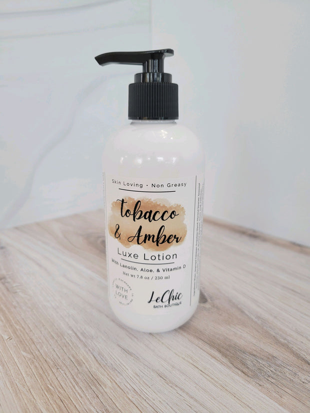 Lotion ~ TOBACCO & AMBER scented Hand and Body Luxe Lotion with pump