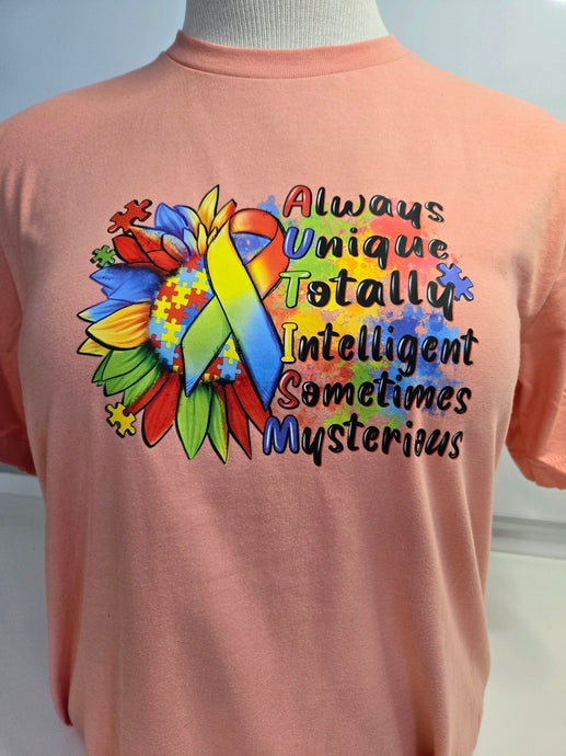 T-Shirt AUTISM ALWAYS UNIQUE TOTALLY INTELLIGENT SOMETIMES MYSTERIOUS Large  tee