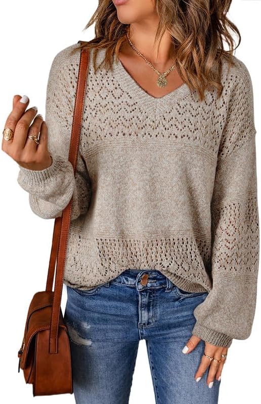 Sweater Crocheted Pullover Top - Beige