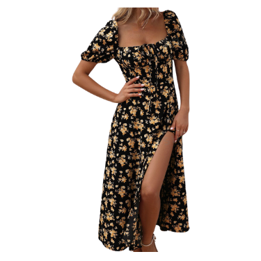 Dress Black with Allover Floral Knot Slit Thigh A-line Dress