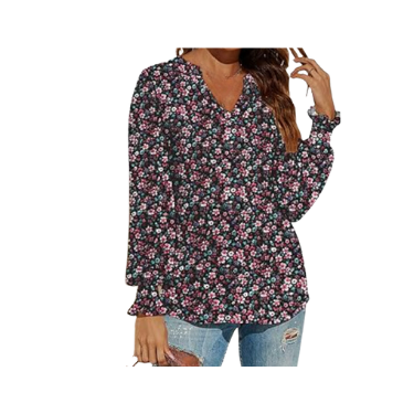 Blouse Dressy Top BLACK Ditsy Floral V-Neck Tunic, Top Dressy Top Trendy Shirt Blouse Long Sleeve Ladies Women's SMALL