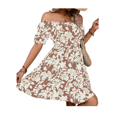 Dress Floral print off shoulder puff sleeve white with soft brown