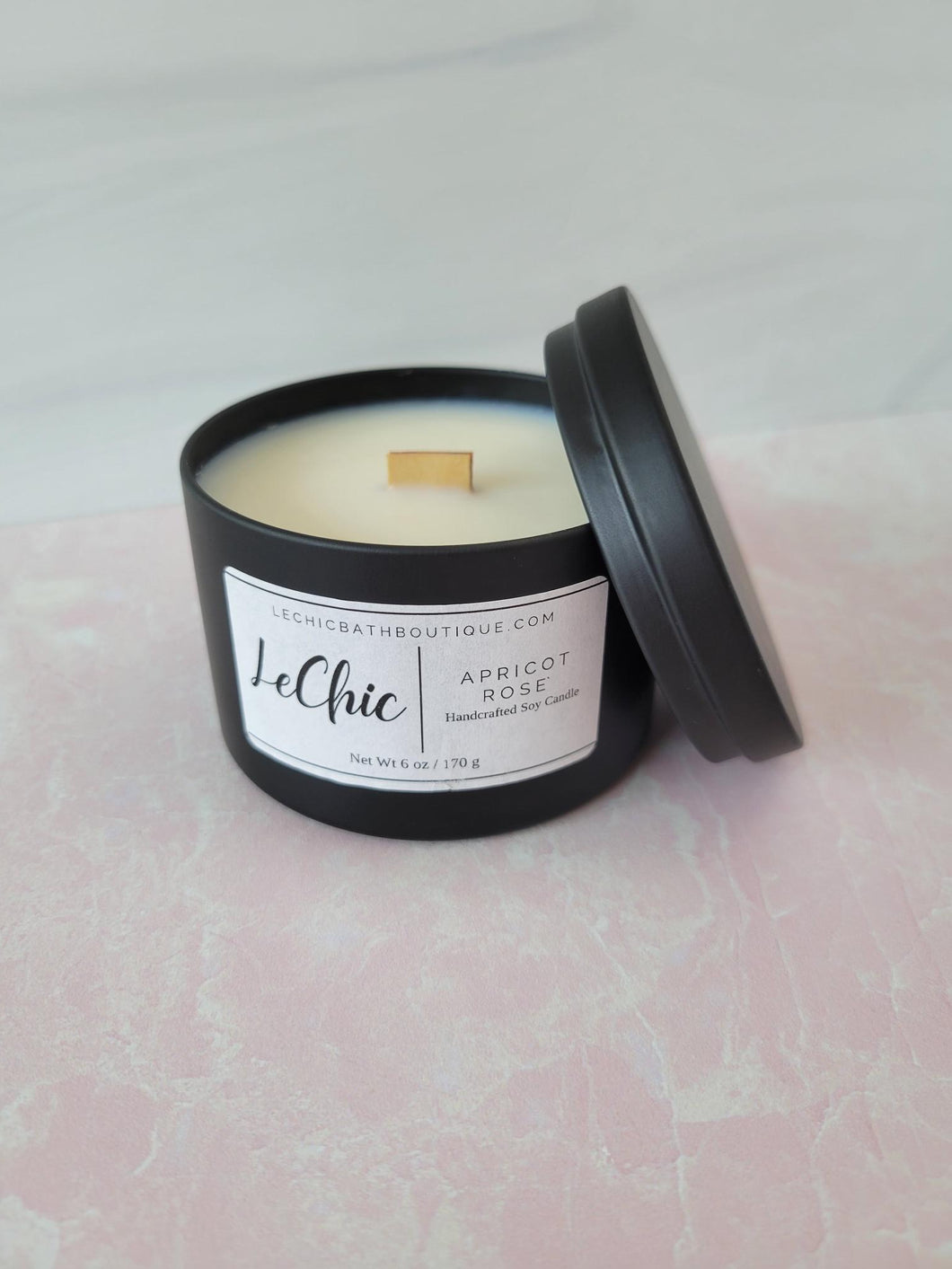 Candle ~ Apricot Rosé black tin soy wax wood wick