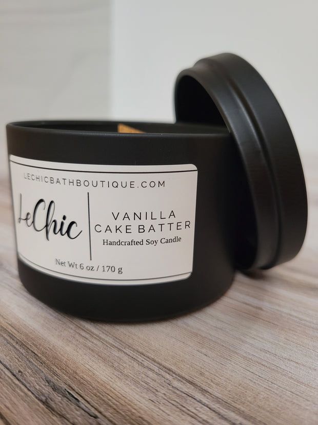CANDLE ~ CAKE BATTER VANILLA scented Black Tin soy candle Wooden Wick Soy Candle