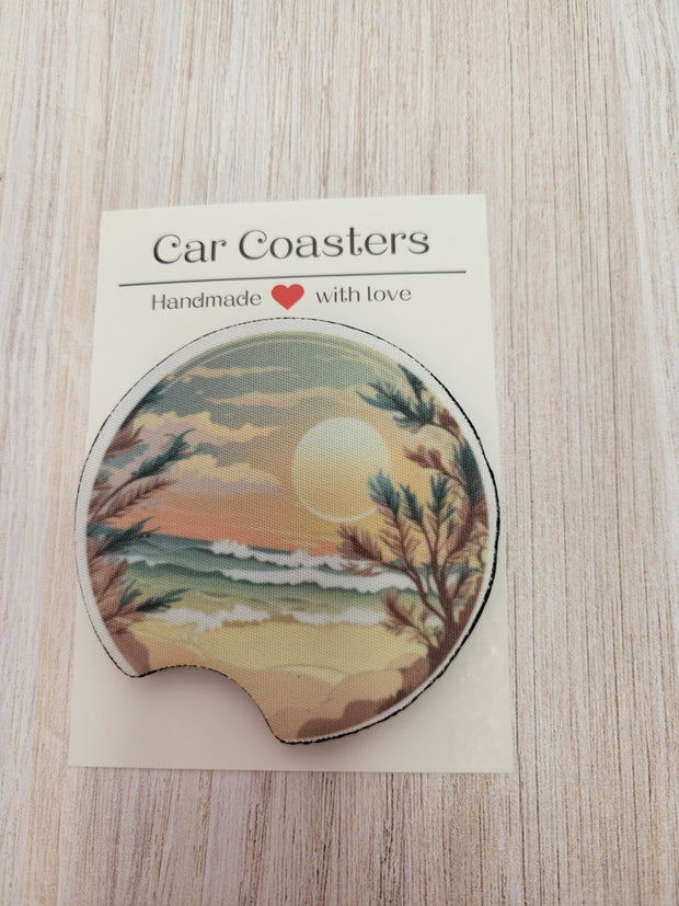 Coaster -  Beach Waves muted tones Car Cup Holder 2.75"  Round Car Accessory