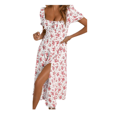 Dress WHITE with Allover Floral Knot Slit Thigh A-line Dress