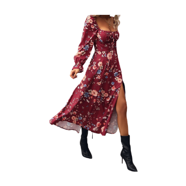 Dress RED Floral Large Print Allover Floral Knot Slit Thigh A-line Dress