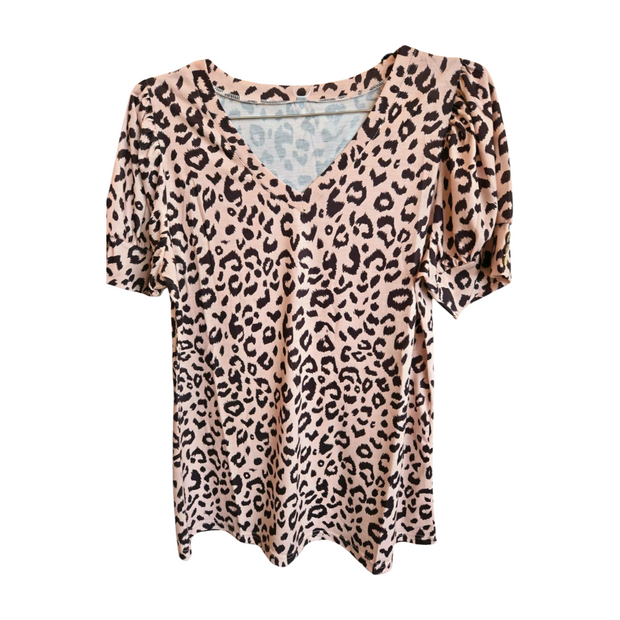 Dressy Top Trendy Shirt Puffy LEOPARD PRINT Sleeve Blouse Short Sleeve Ladies Women's