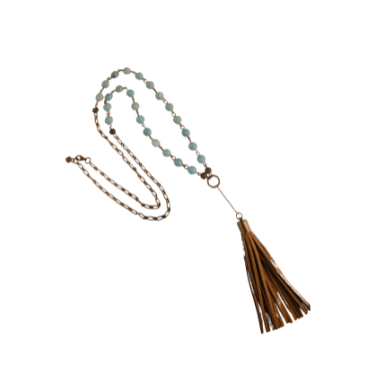 Necklace Turquoise beaded with suede tassel and pendant Beaded on chain