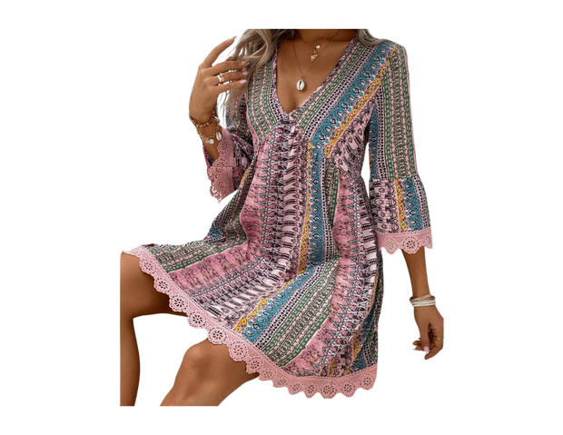 Dress Boho Flared PINK Tribal Look Short Sleeve V Neck