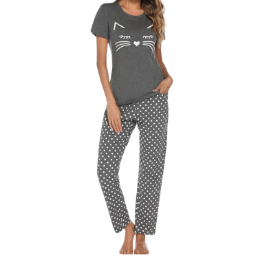 Pajamas Grey Cat Polka Dot PJ's set top and pants Gray Cat