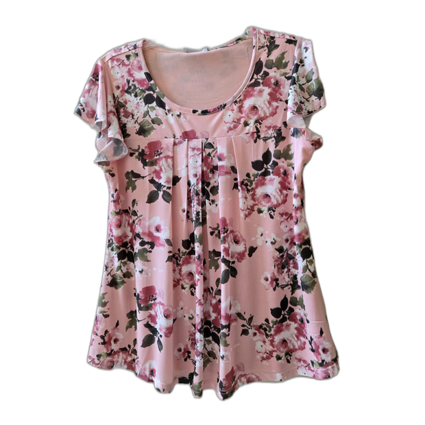 Dressy Top Soft Pink Floral boat neck Roses pleated Front Size Large, XL