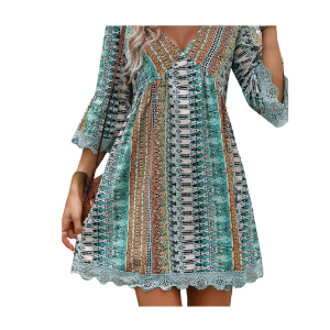 Dress Boho Flared Tribal Look Short Sleeve V Neck