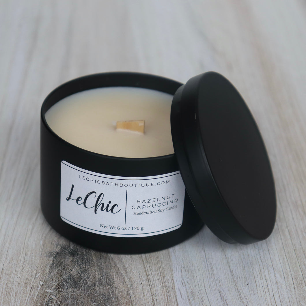 Candle ~ Hazelnut Cappuccino scented soy black tin