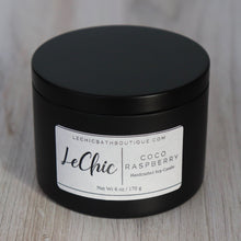Candle ~ Coco Raspberry scented soy black tin decorative