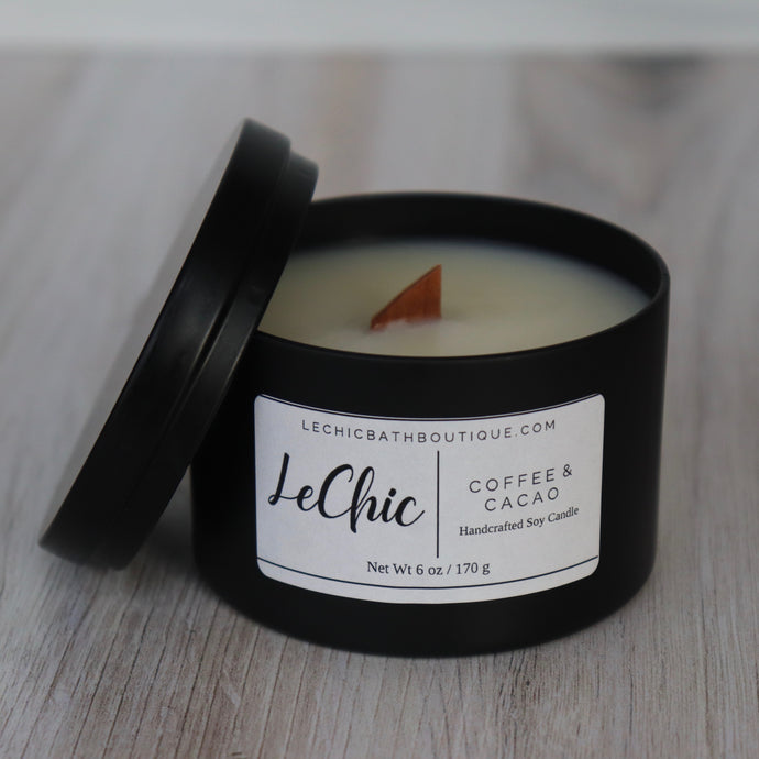 Candle ~ Coffee & Cacao scented soy black tin wood wick