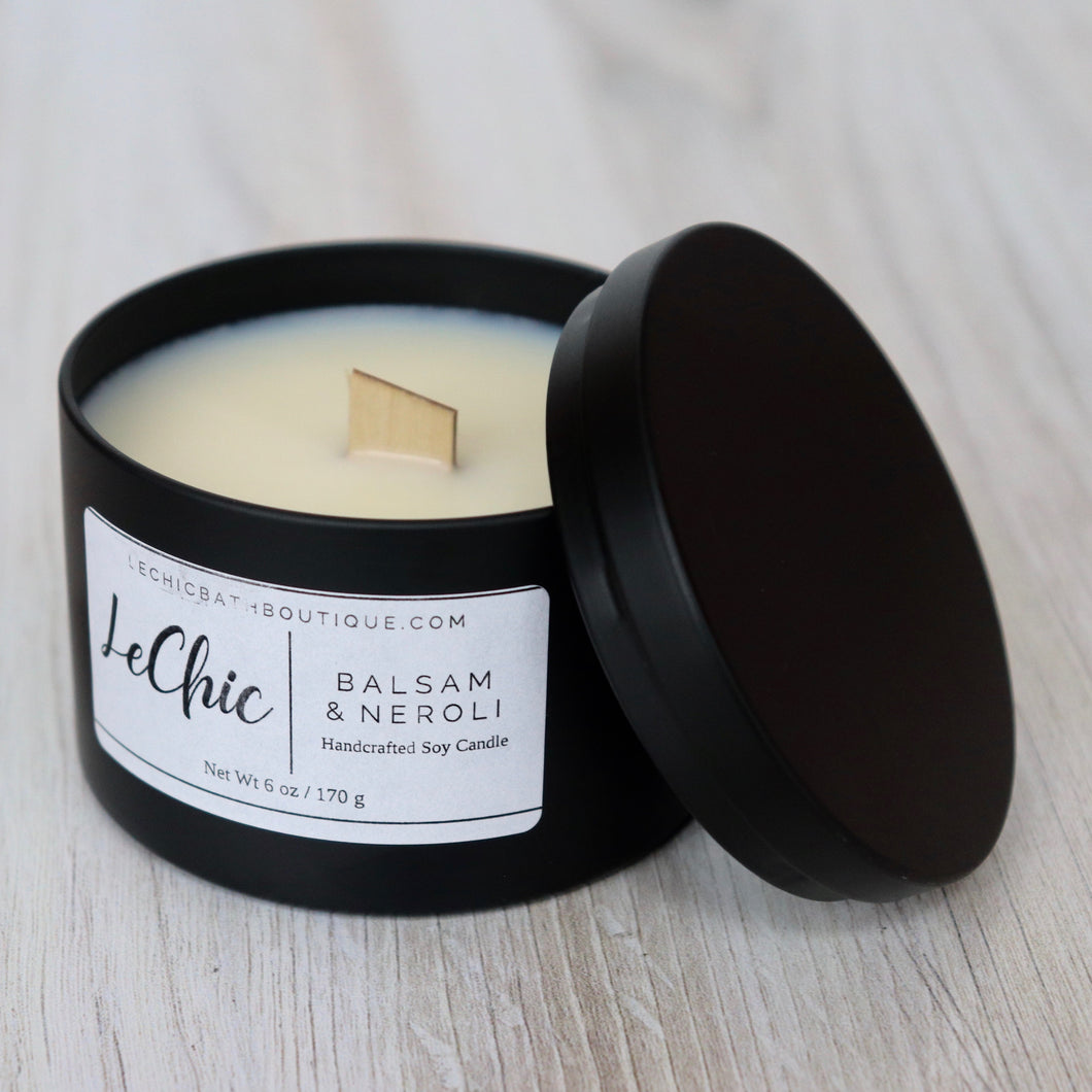 Black Tin Soy Candle ~ Balsam and Neroli