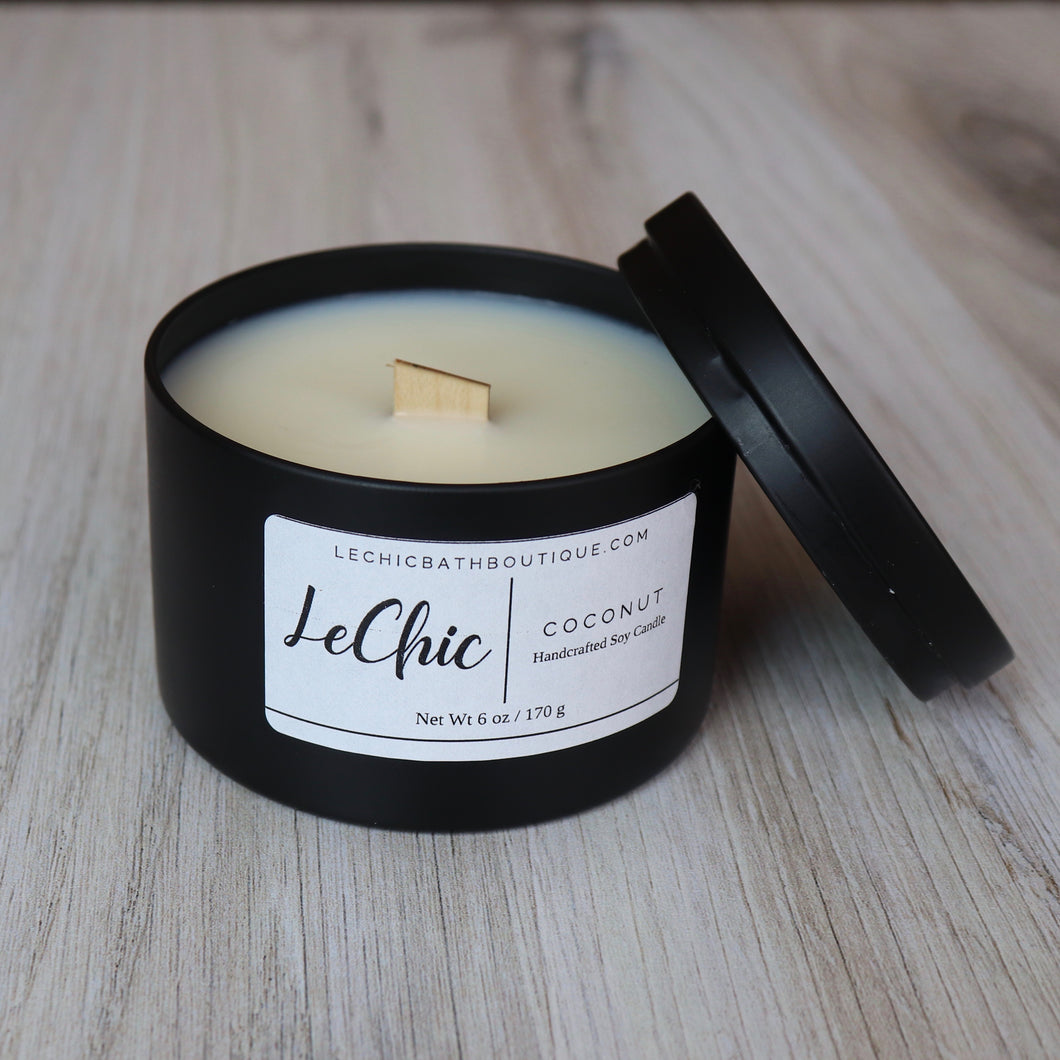 Candle ~ Coconut scented soy black tin wood wick
