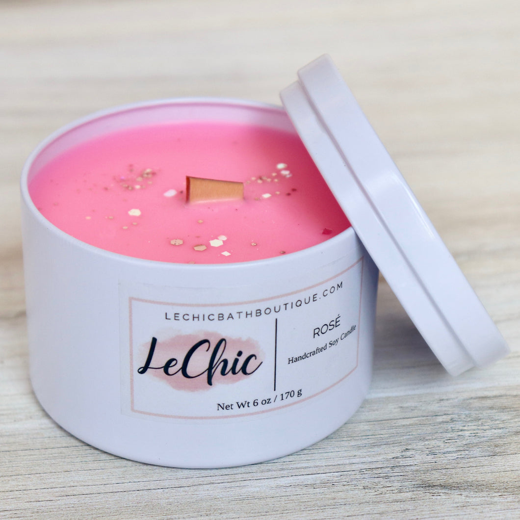Candle ~ Rosé white tin - coco apricot creme wax wood wick