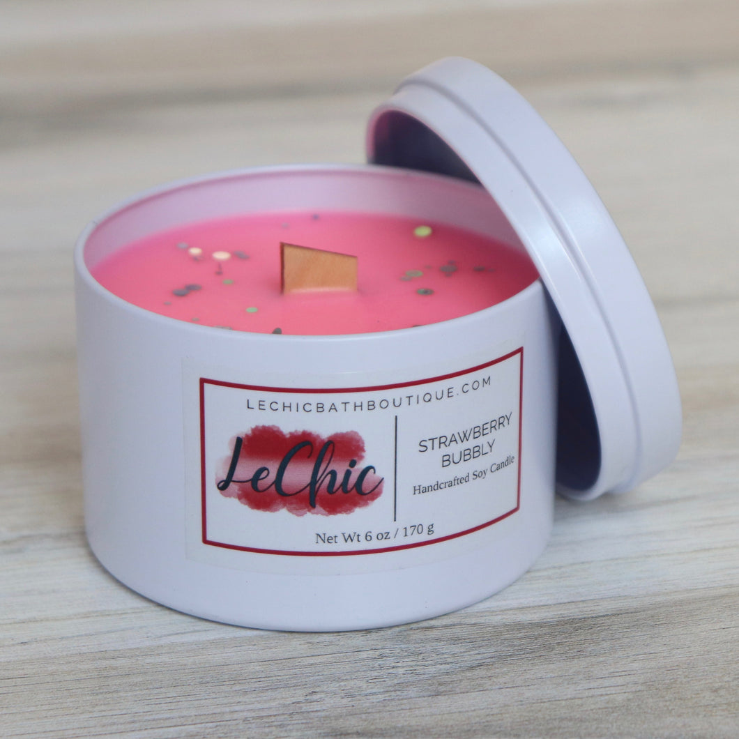 Candle ~ Strawberry Bubbly white tin Soy Wax