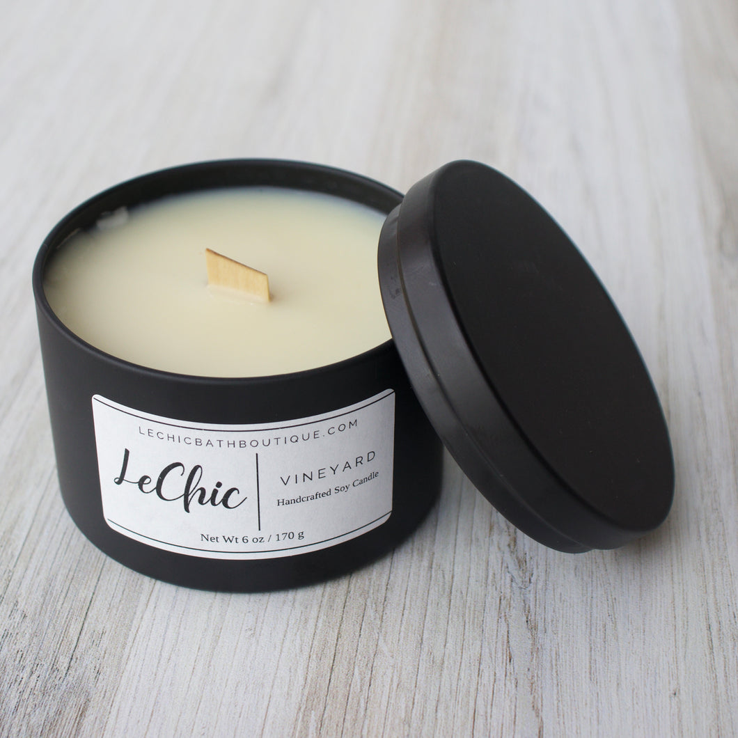 Candle ~ Vineyard Scented black tin wood wick