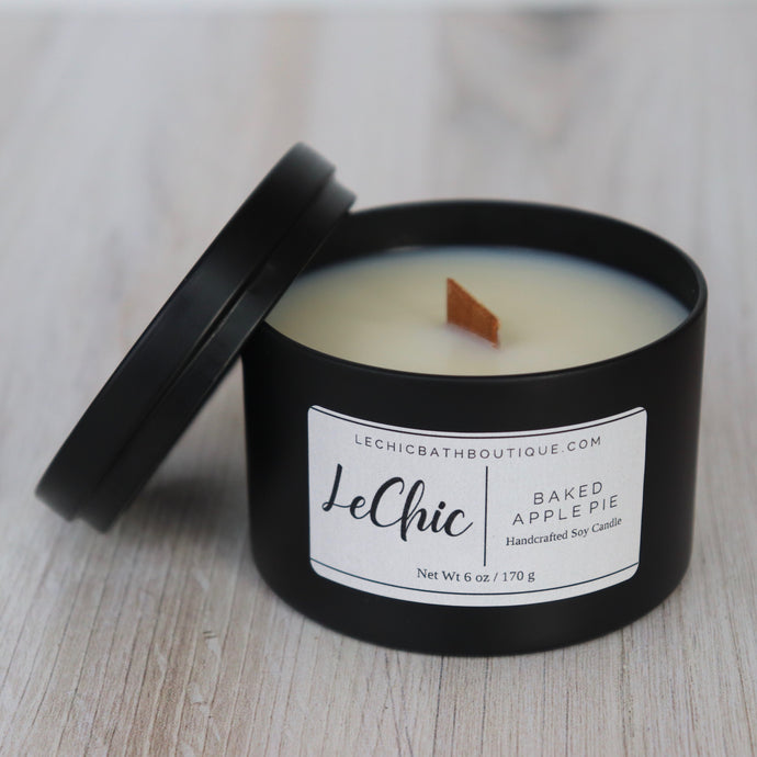 Candle ~ Apple Pie scented black tin wood wick candle