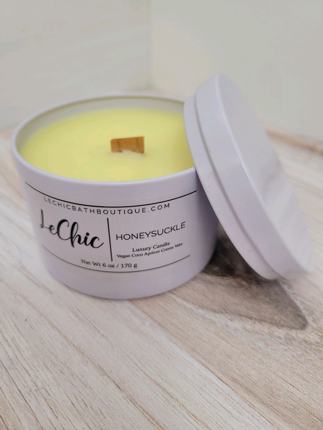 Candle ~ HONEYSUCKLE white tin coco apricot creme wax
