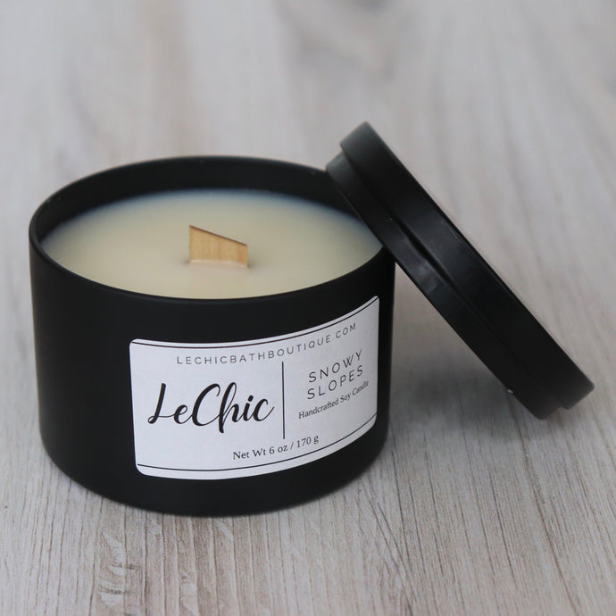 Candle ~ Snowy Slopes Soy Black Tin candle